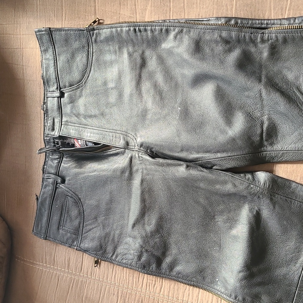 Black leather motorcycle chaps